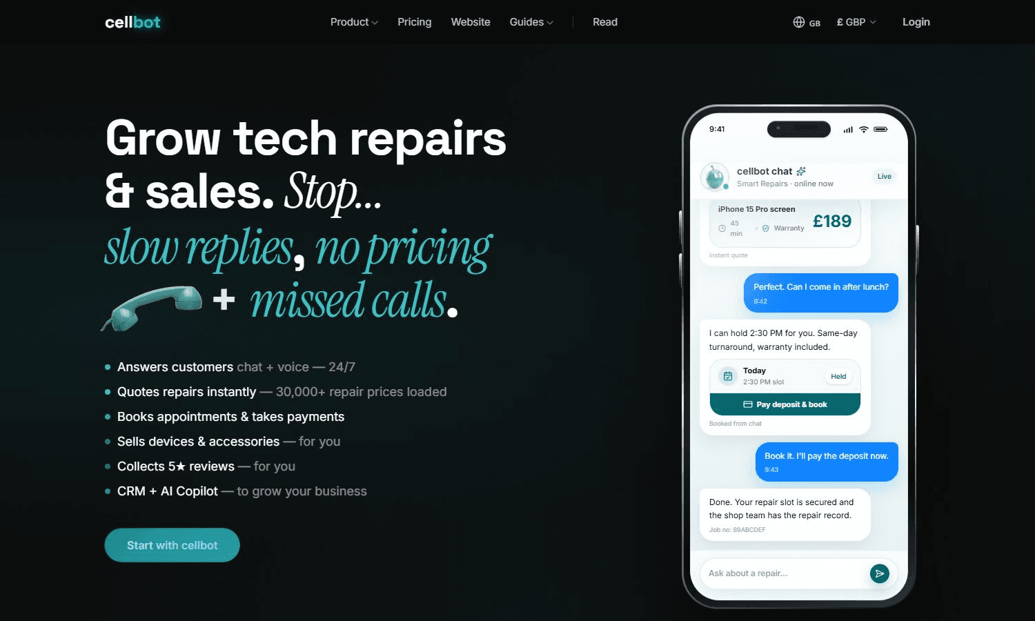 Current cellbot landing page showing its AI repair assistant