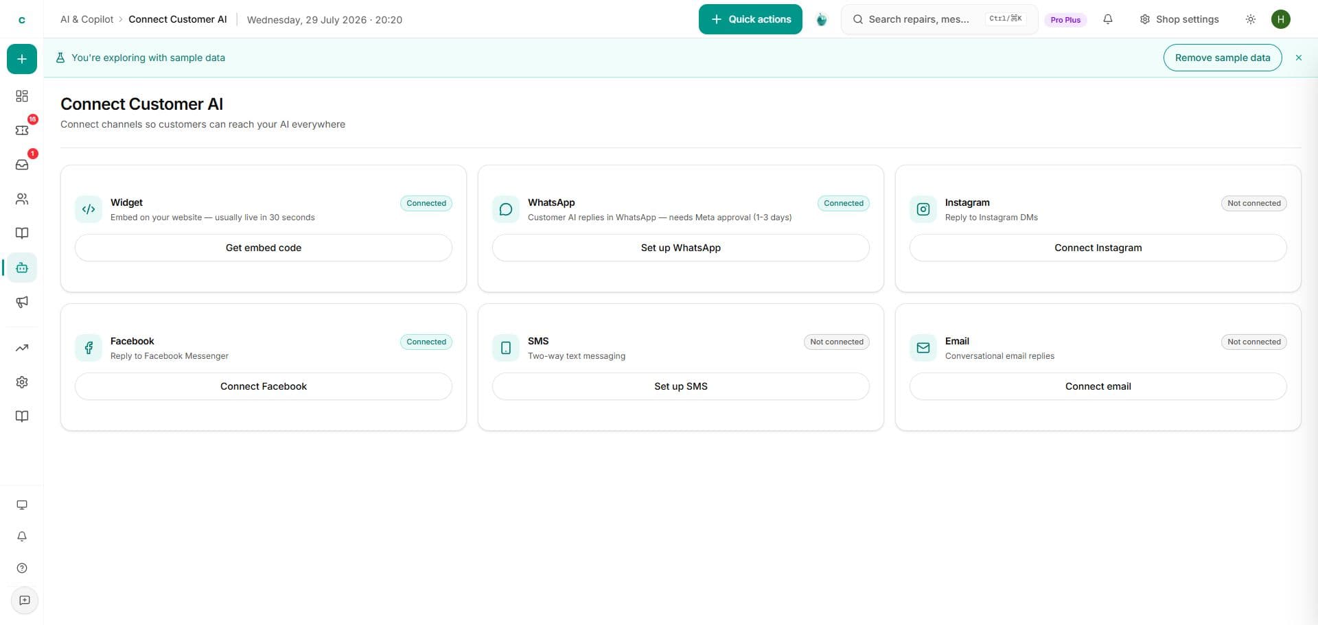 cellbot Customer AI channel connections for web and messaging