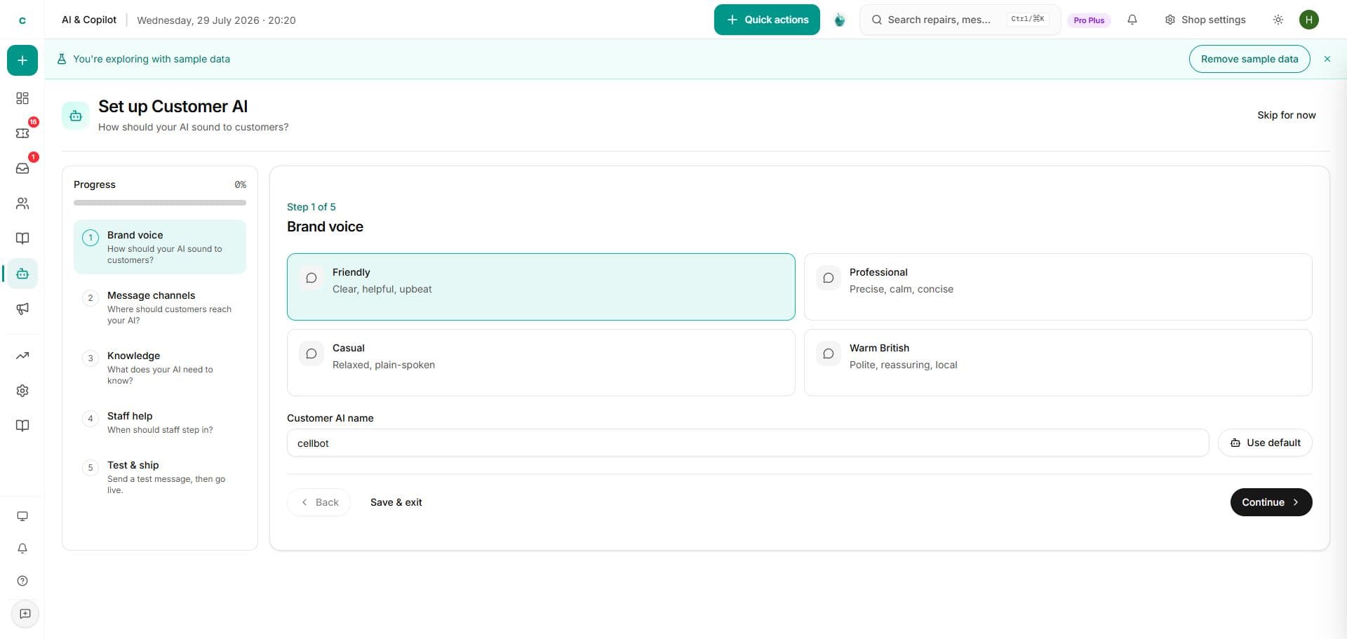 cellbot Customer AI setup flow for choosing its brand voice