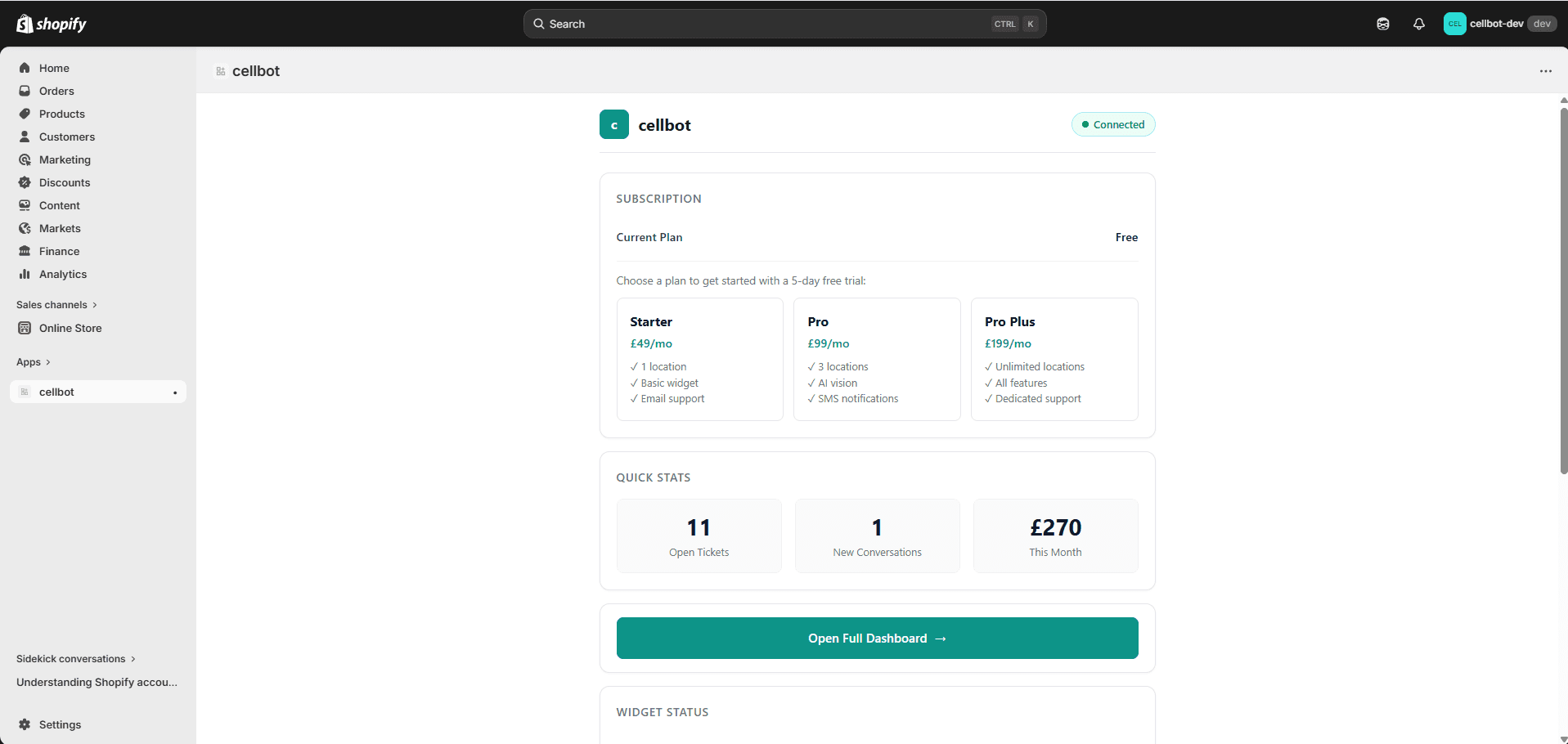 Shopify app home with subscription plans and stats