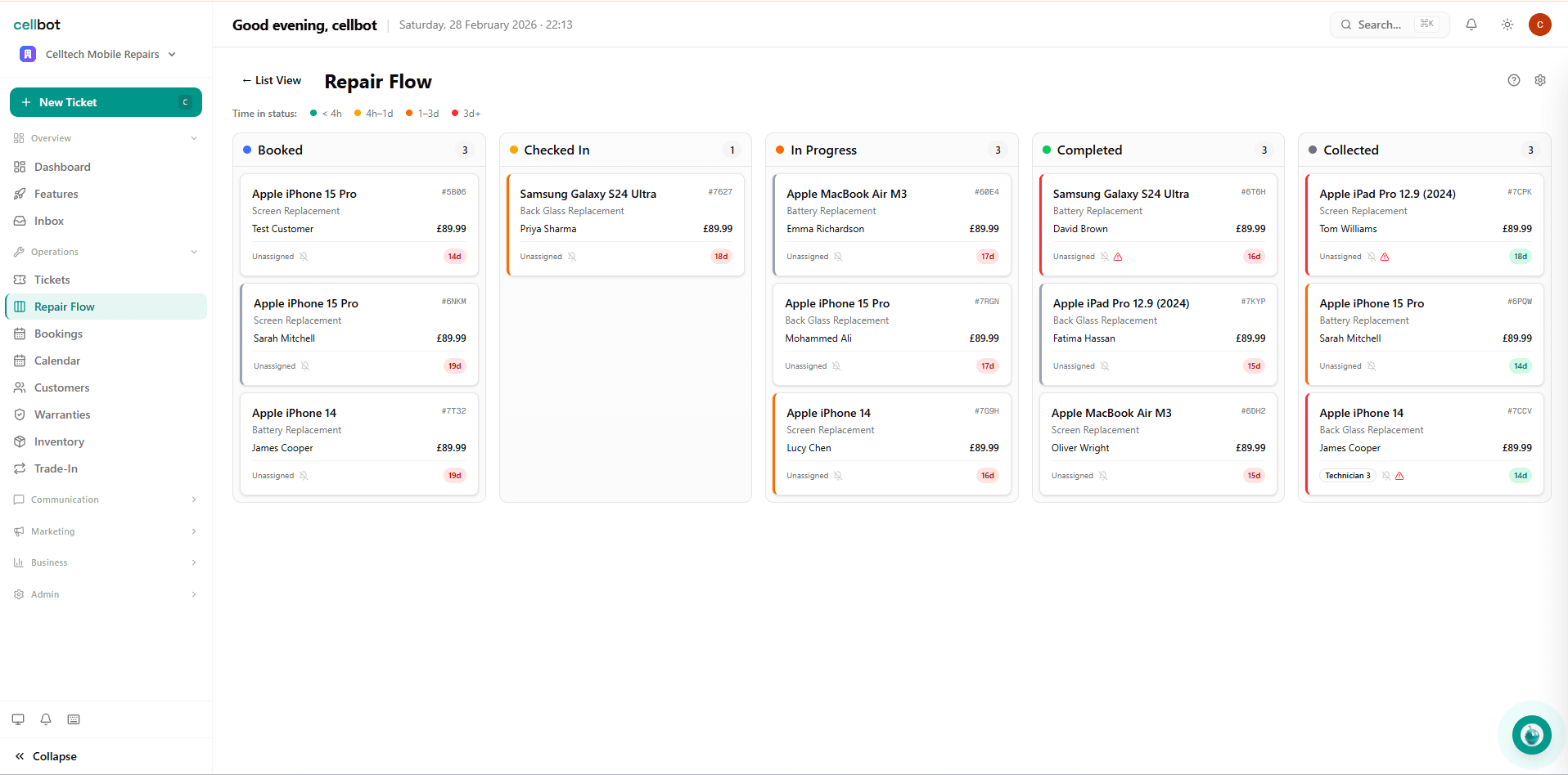 CRM kanban board with repair tickets