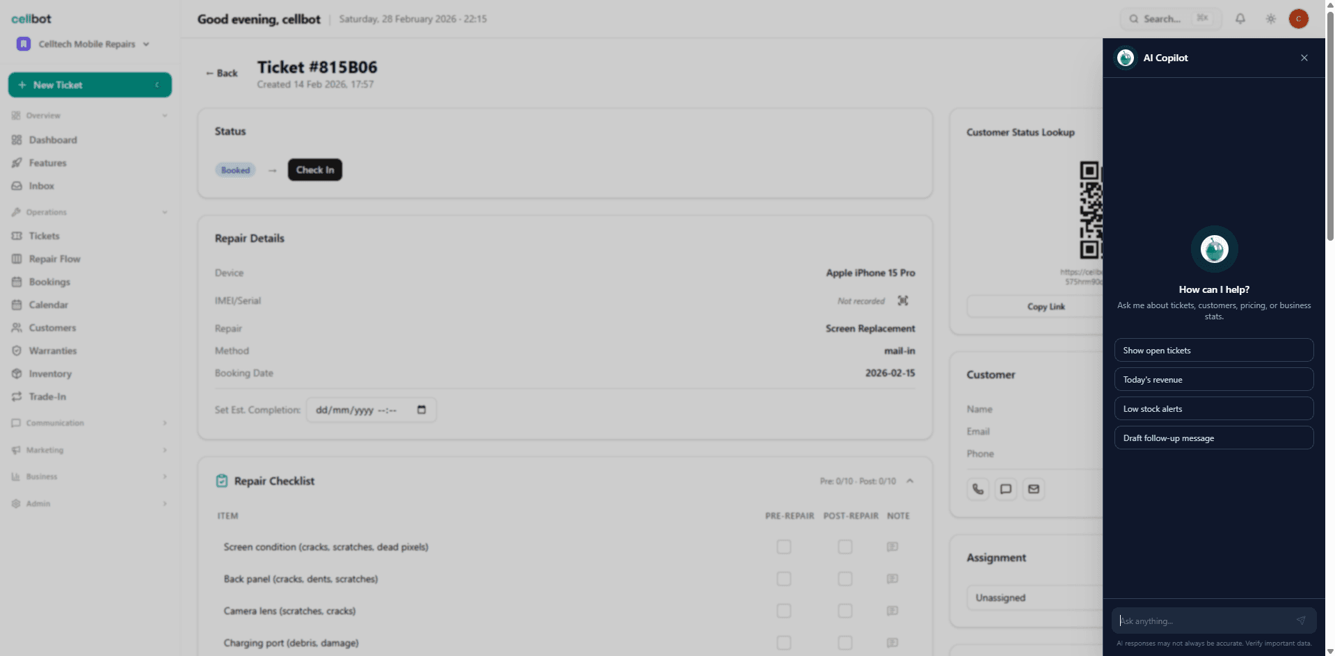 AI Copilot sidebar on a repair ticket