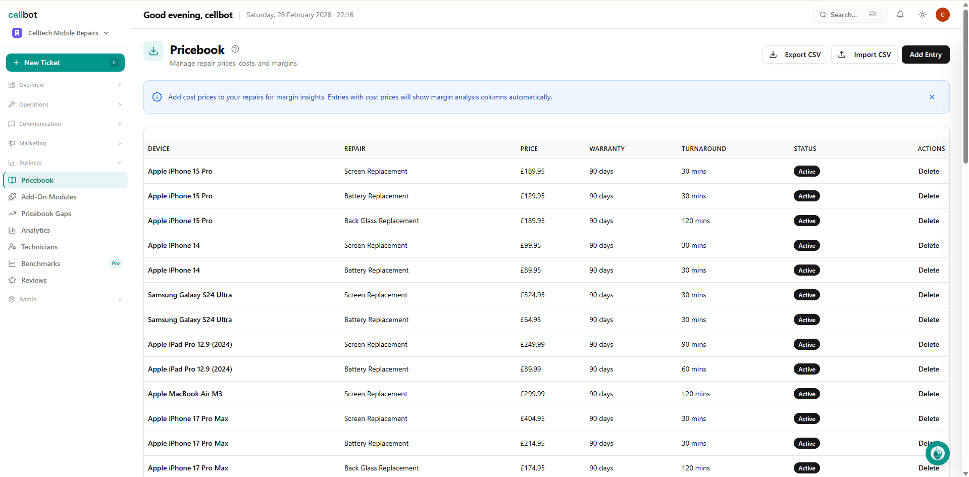 Pricebook management with device categories and pricing