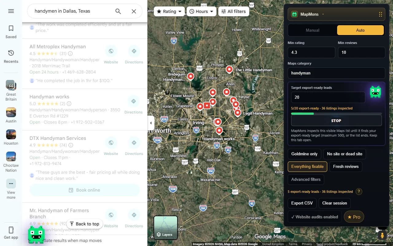 MapMons Auto Hunt inspecting the visible Google Maps results