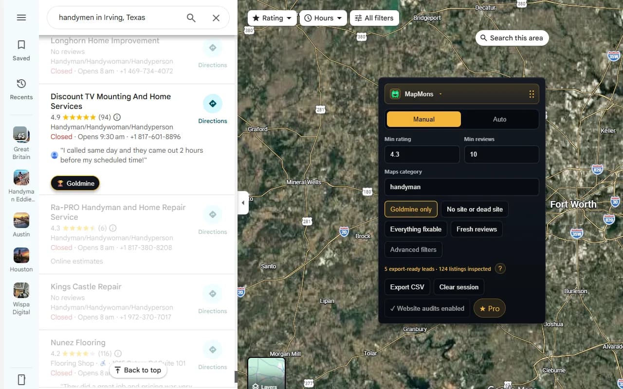 MapMons lead finder filtering local businesses inside Google Maps