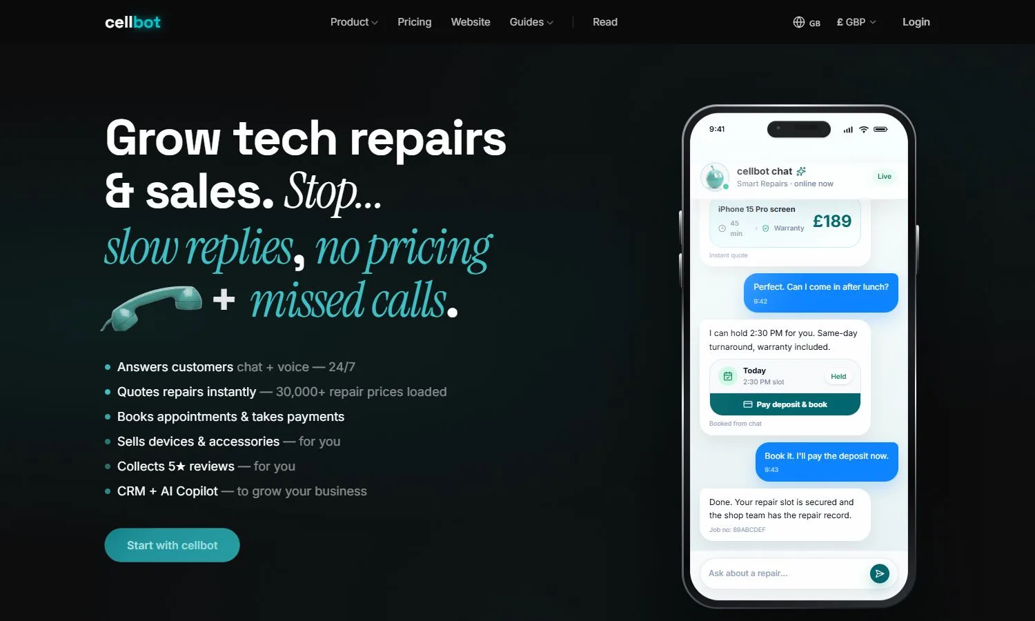 Current cellbot landing page showing its AI repair assistant